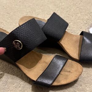Lindsay Phillips Black and Tan Wedge Sandals